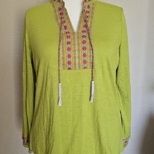 Belle by Kim Gravel NWOT Lime Green Embroidered Long Sleeve Top Size Large